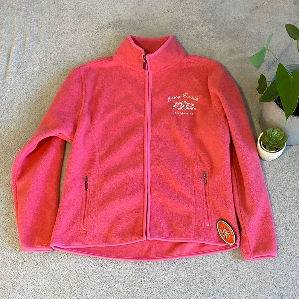 NWT dimco apparel pink long beach California fuzzy zip up sweater size small